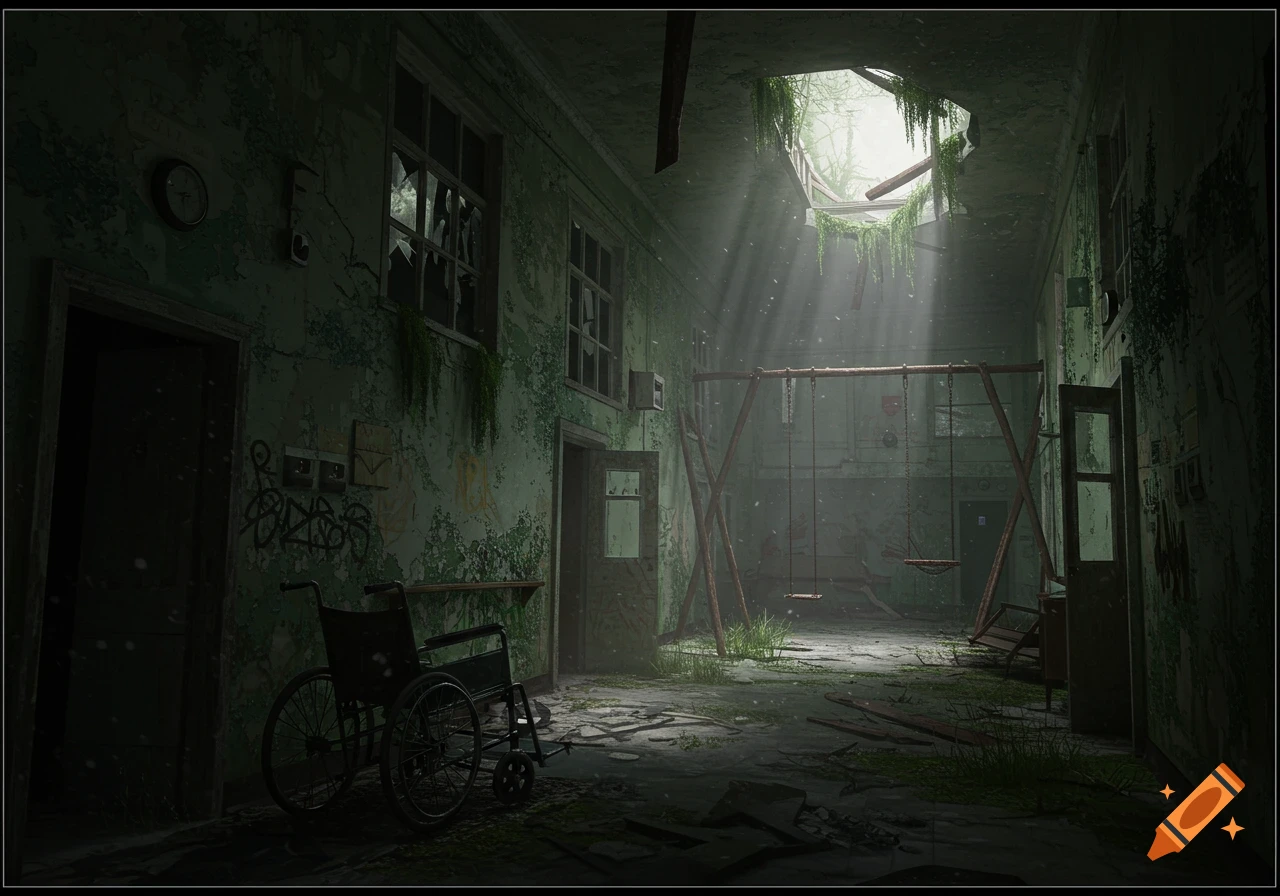 A dark, ruined asylum hallway with a wheelchair, swing set, and sunlight through a collapsed roof.