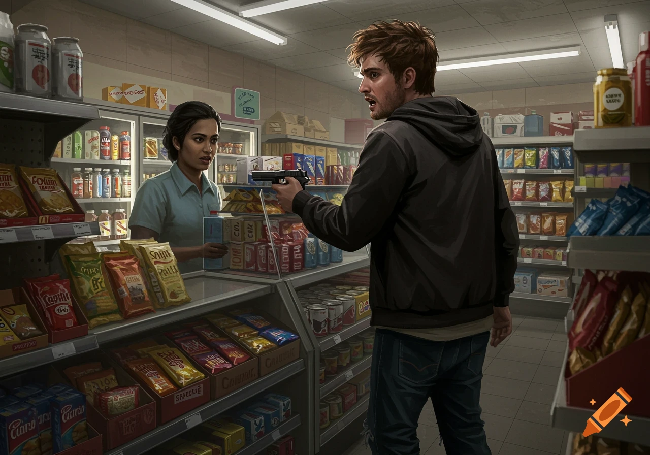 A man with a gun confronts a cashier in a convenience store.