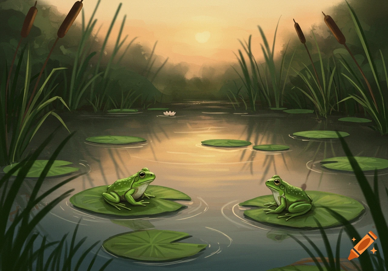 Two green frogs sit on lily pads in a pond at sunset.