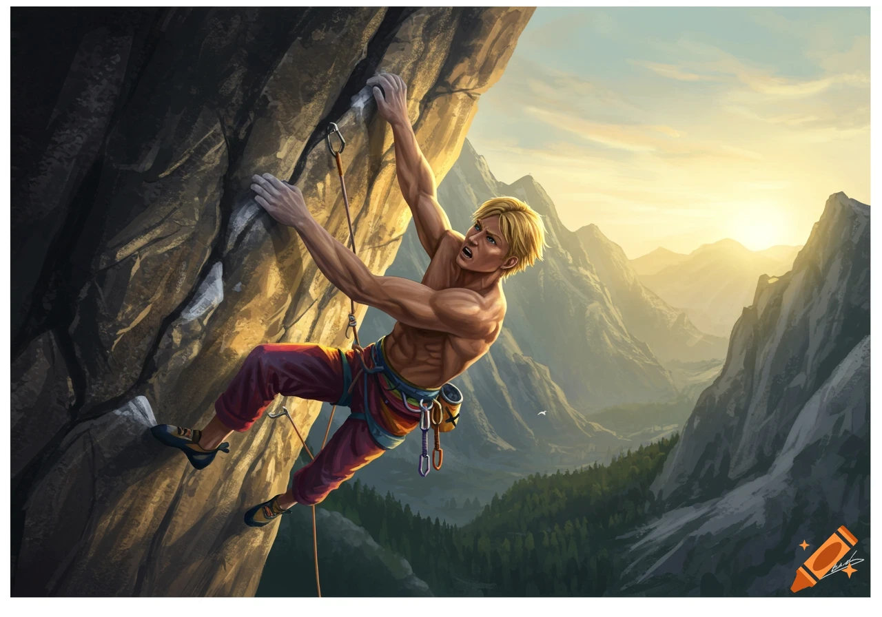 Illustration of a male rock climber on a cliff face against a mountain landscape at sunset.