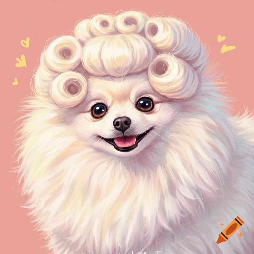 Smiling Pomeranian dog wearing a curly blonde wig against a pink background.