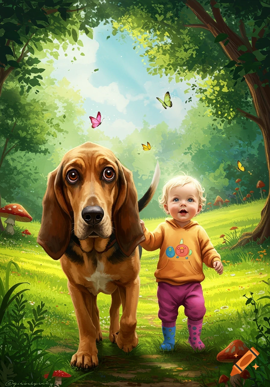 An illustration of a toddler walking with a large basset hound dog in a sunlit forest.