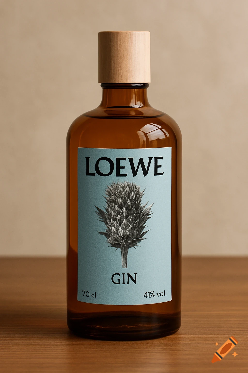Brown glass bottle of LOEWE gin with a light blue label featuring a pinecone illustration and text on a wooden surface.