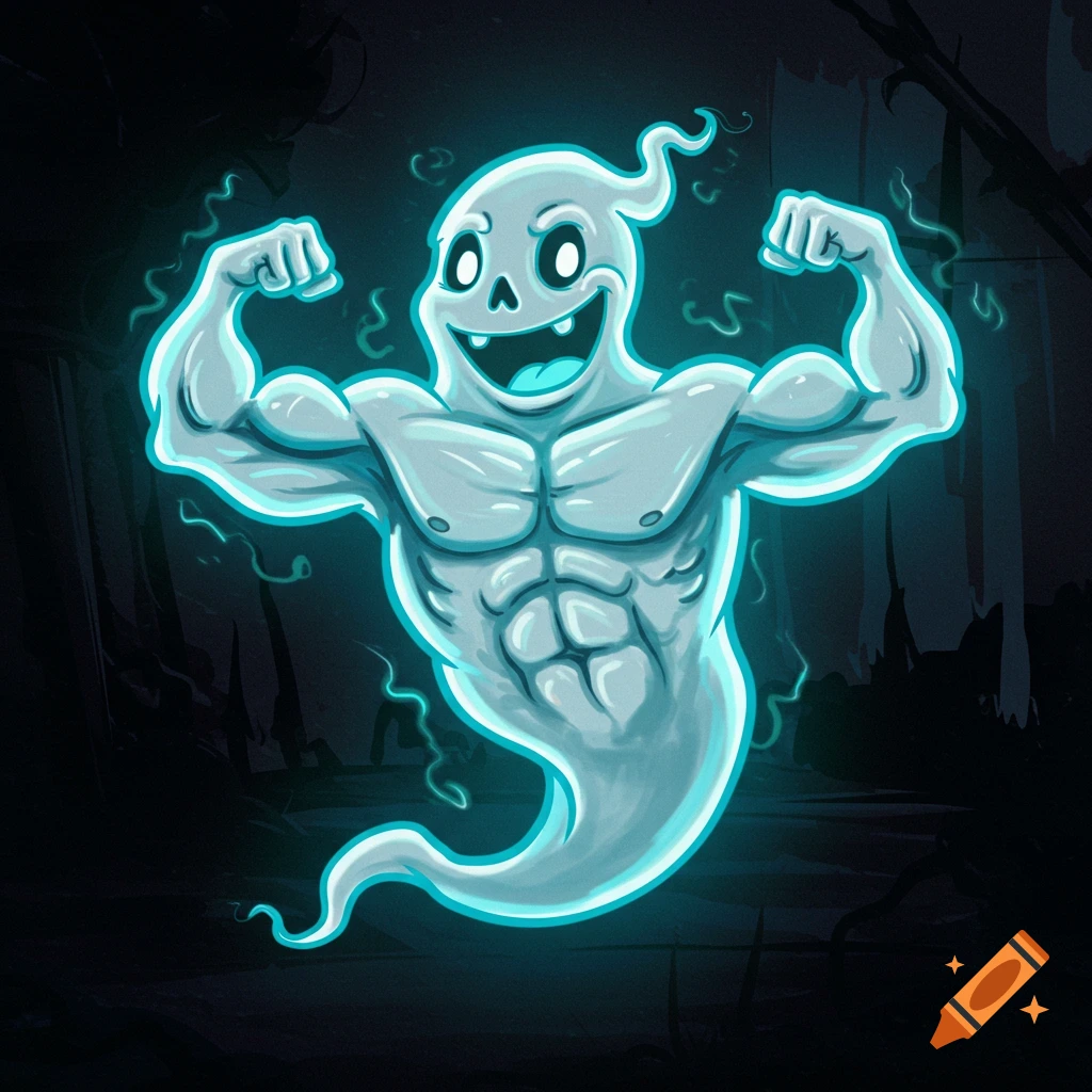 Cartoon ghost with large muscles flexing in a dark, spooky setting.