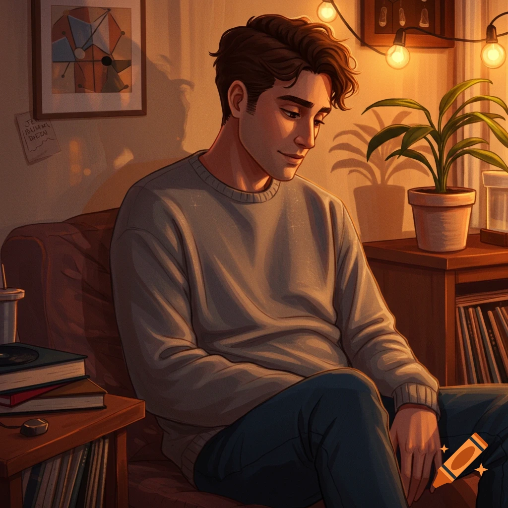 An anime-style illustration of a man sitting in a cozy room with warm lighting
