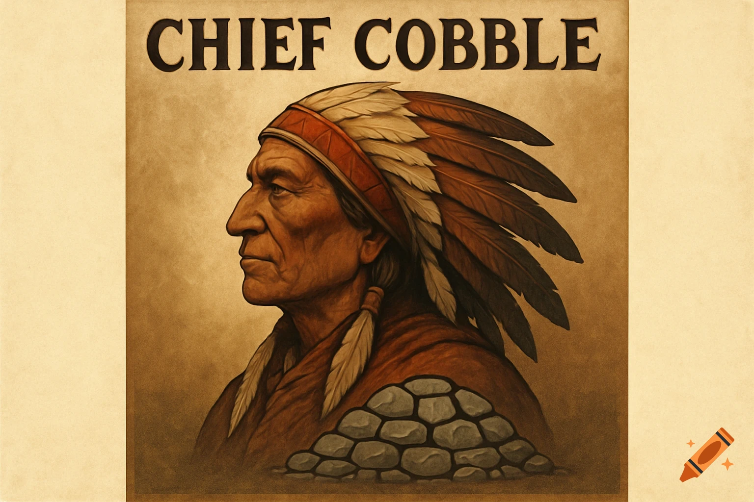 Illustration of a Native American chief in a feathered headdress, with "Chief Cobble" text and stones.