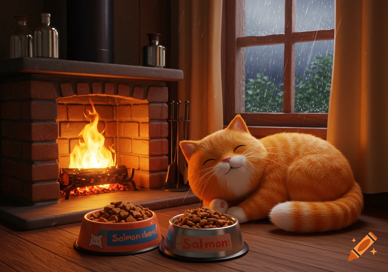 A happy orange cat sleeps by a fireplace next to food bowls in a cozy room while it rains outside, in a 3D art style.
