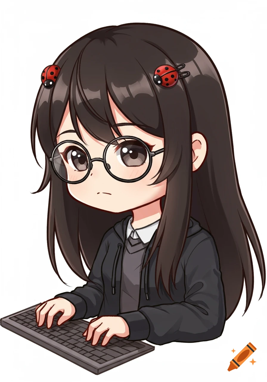 Chibi anime girl with dark hair and glasses wearing ladybug hairpins, typing on a keyboard.