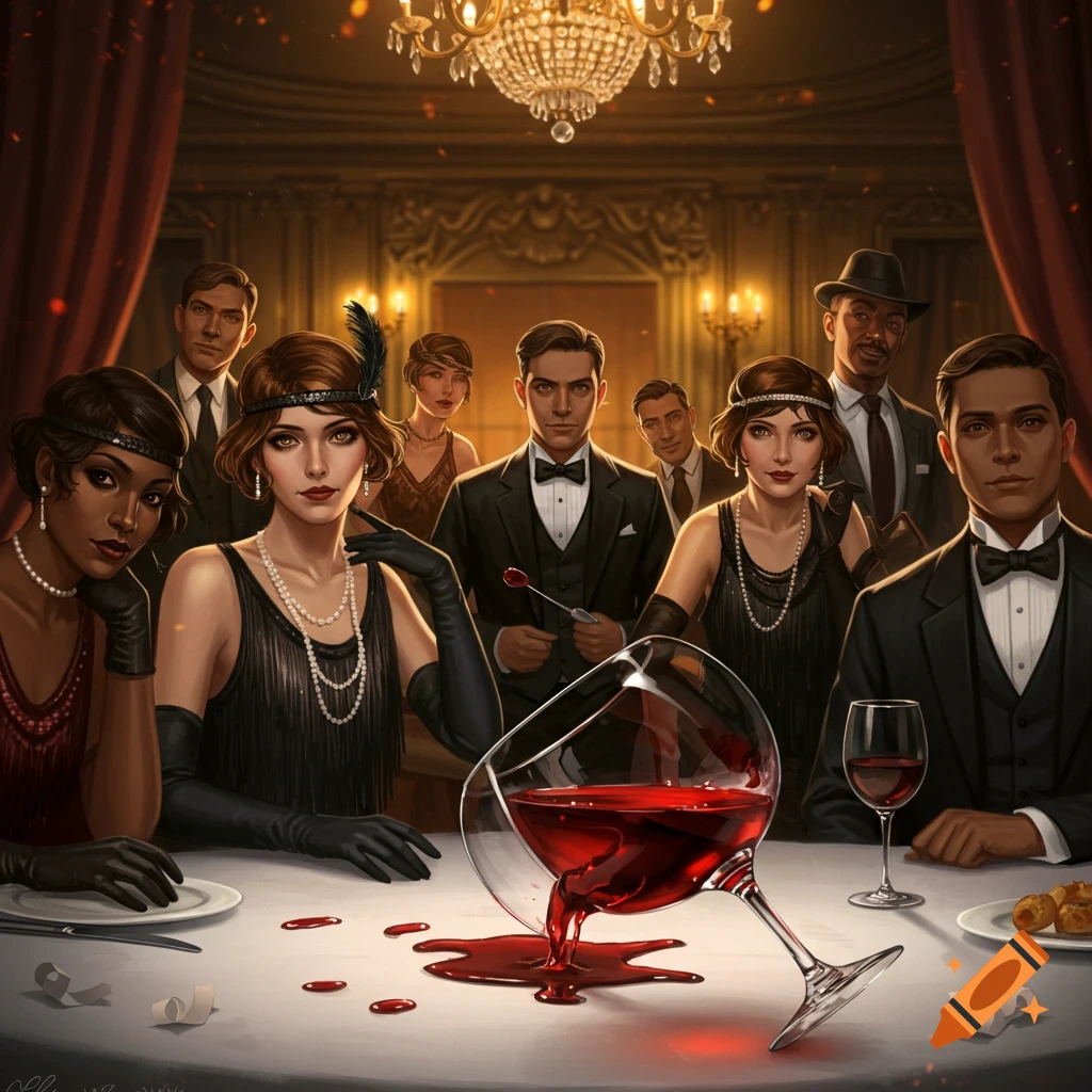 People in 1920s formal attire at a table with spilled red wine, hinting at a murder mystery theme.