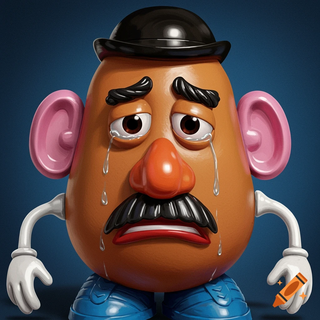 Mr. Potato Head crying tears from his eyes in a 3D render.