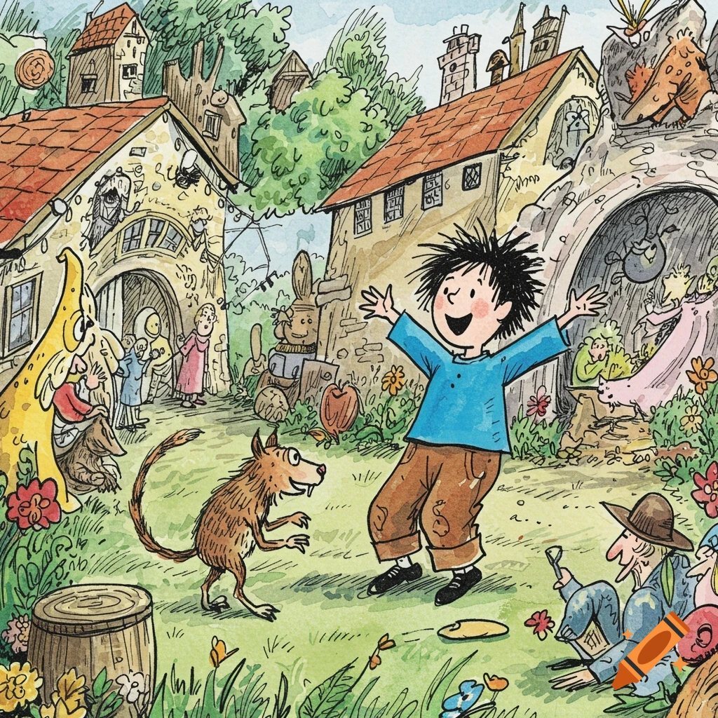 Whimsical illustration of a boy and dog in a village square with various characters, in Quentin Blake style.