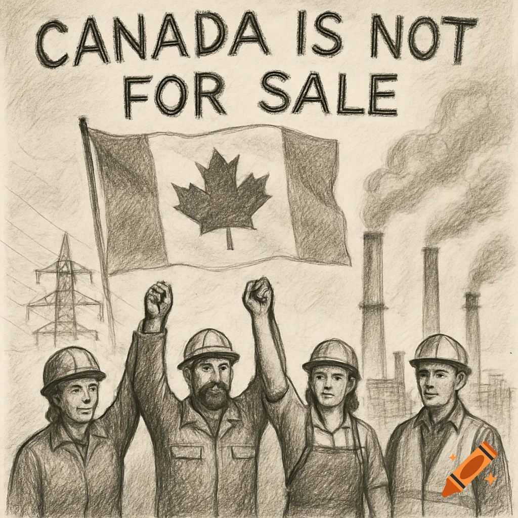 Pencil sketch of workers with raised fists in front of a Canadian flag, power lines, and smokestacks, with text 'CANADA IS NOT FOR SALE'.