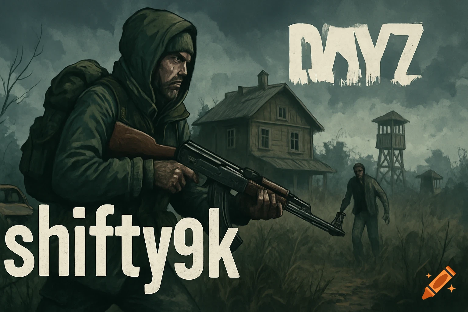 Illustrated survival scene with a figure holding a rifle, text "DAYZ" and "shifty9k" overlayed. A house and watchtower are in the background.