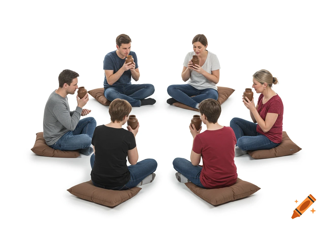 Six people sit in a circle on pillows on a white background, each smelling a small brown urn.