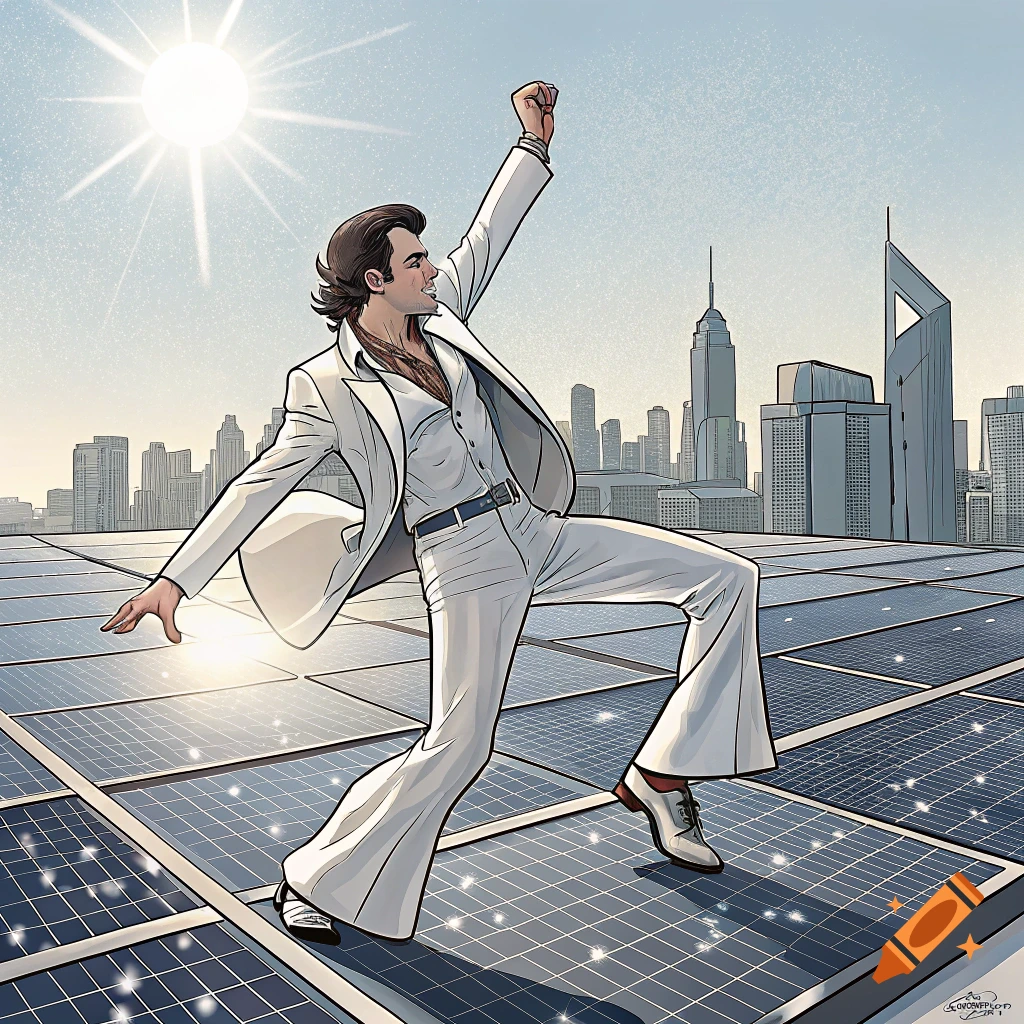 Illustration of a man in a white suit dancing on solar panels on a rooftop with a city skyline in the background.