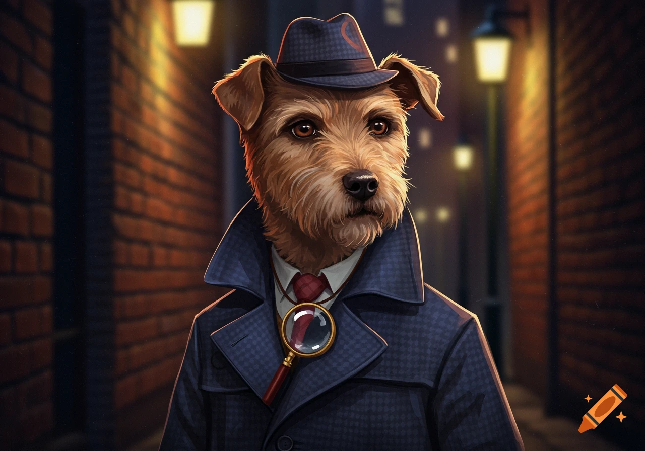 A dog dressed as a detective with a hat and trench coat stands in a dark alley.