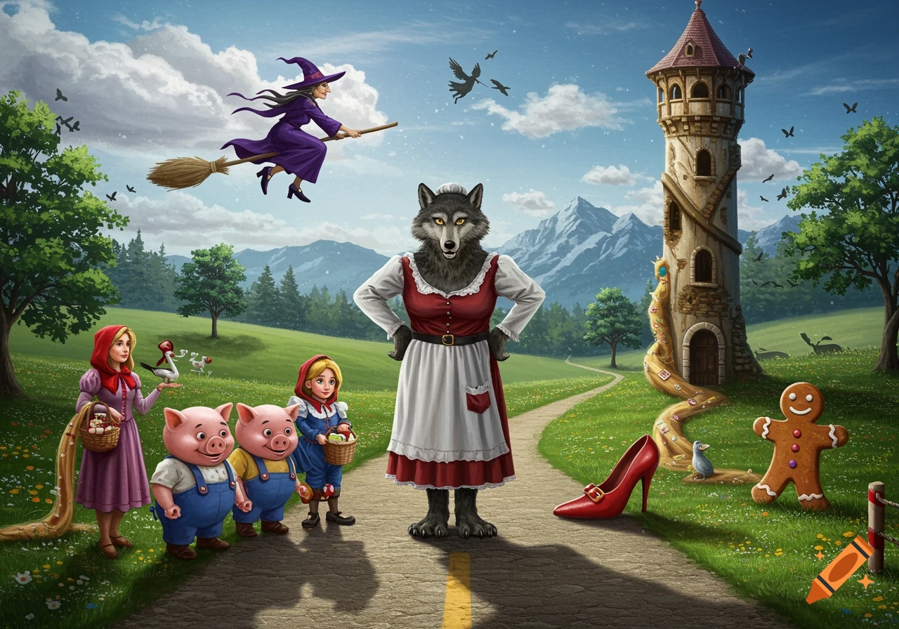 A fairytale landscape illustration with a witch flying, Big Bad Wolf, Little Red Riding Hoods, pigs, Rapunzel's tower, red shoe, and gingerbread man.