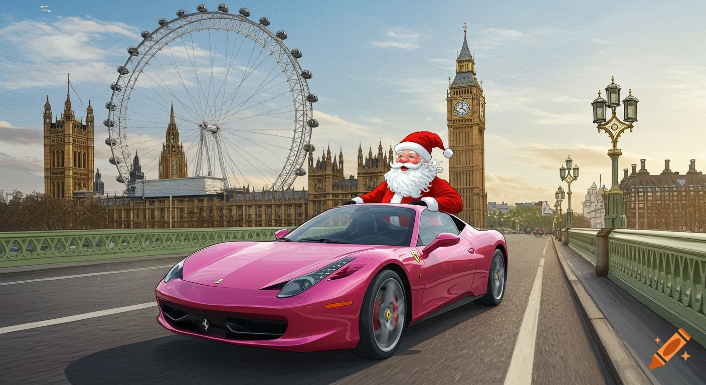 Santa Claus drives a pink Ferrari over Westminster Bridge with Big Ben and the London Eye visible.