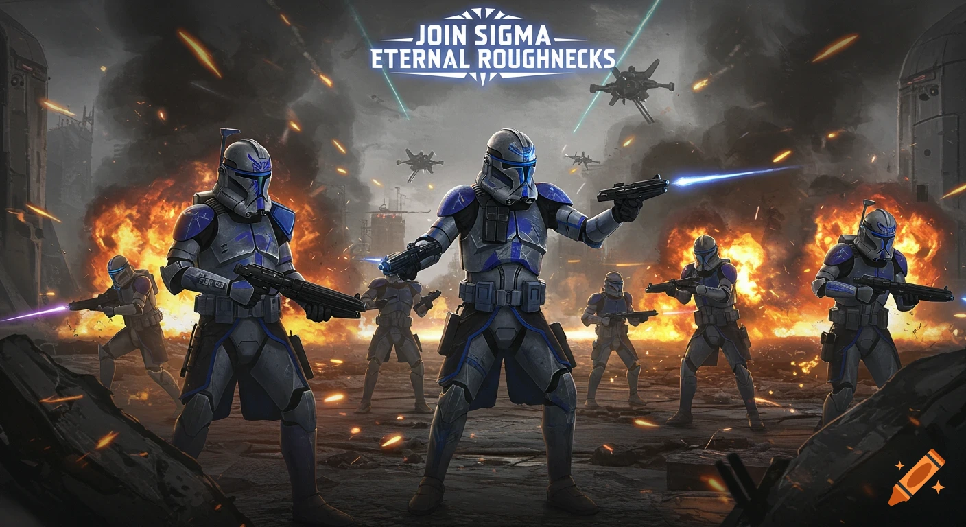 Star Wars-style image of Clone Troopers in combat amidst explosions, with a banner reading 'Join Sigma Eternal Roughnecks'