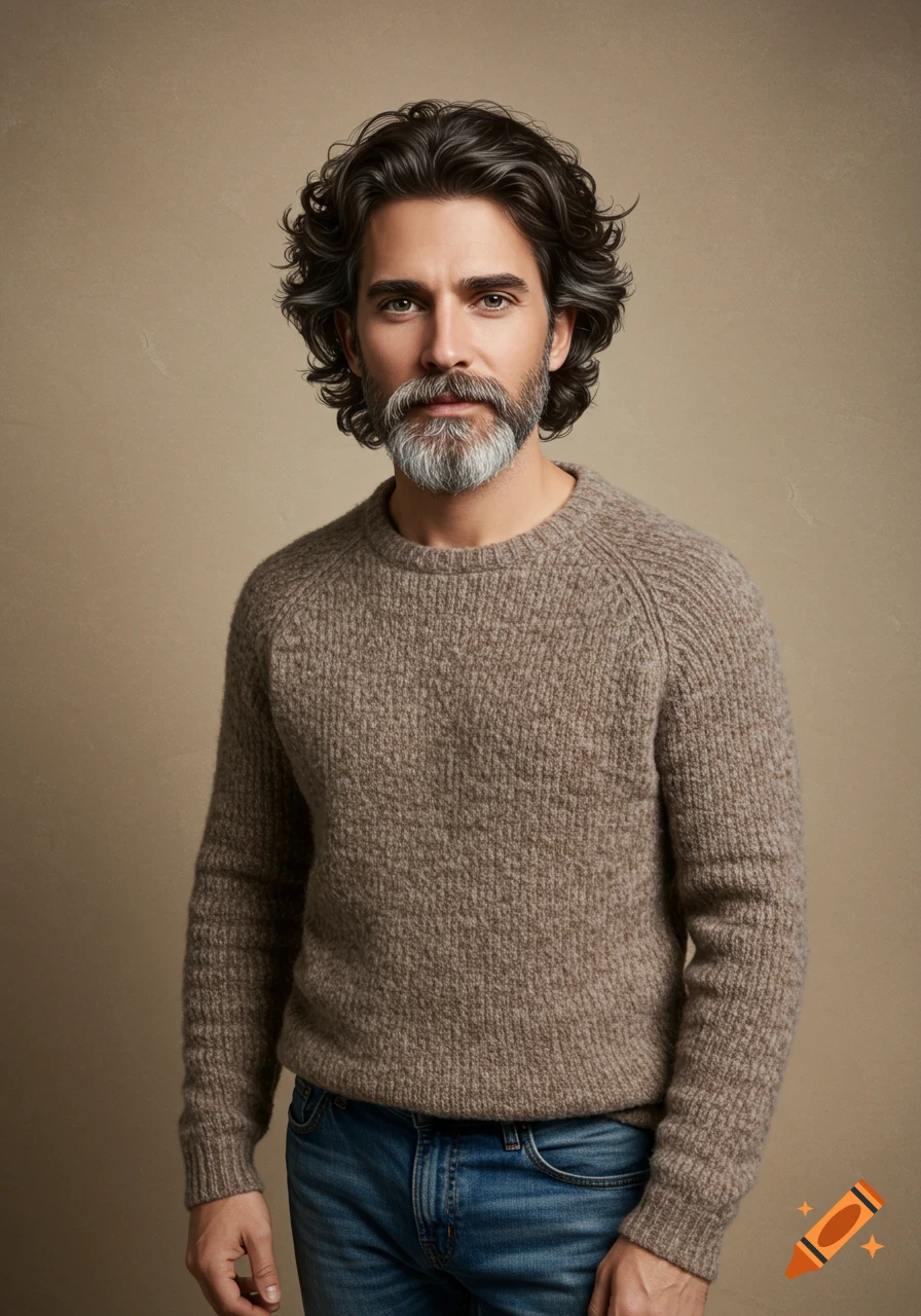 A man with dark wavy hair and a grey beard wears a brown sweater and jeans in a realistic portrait.