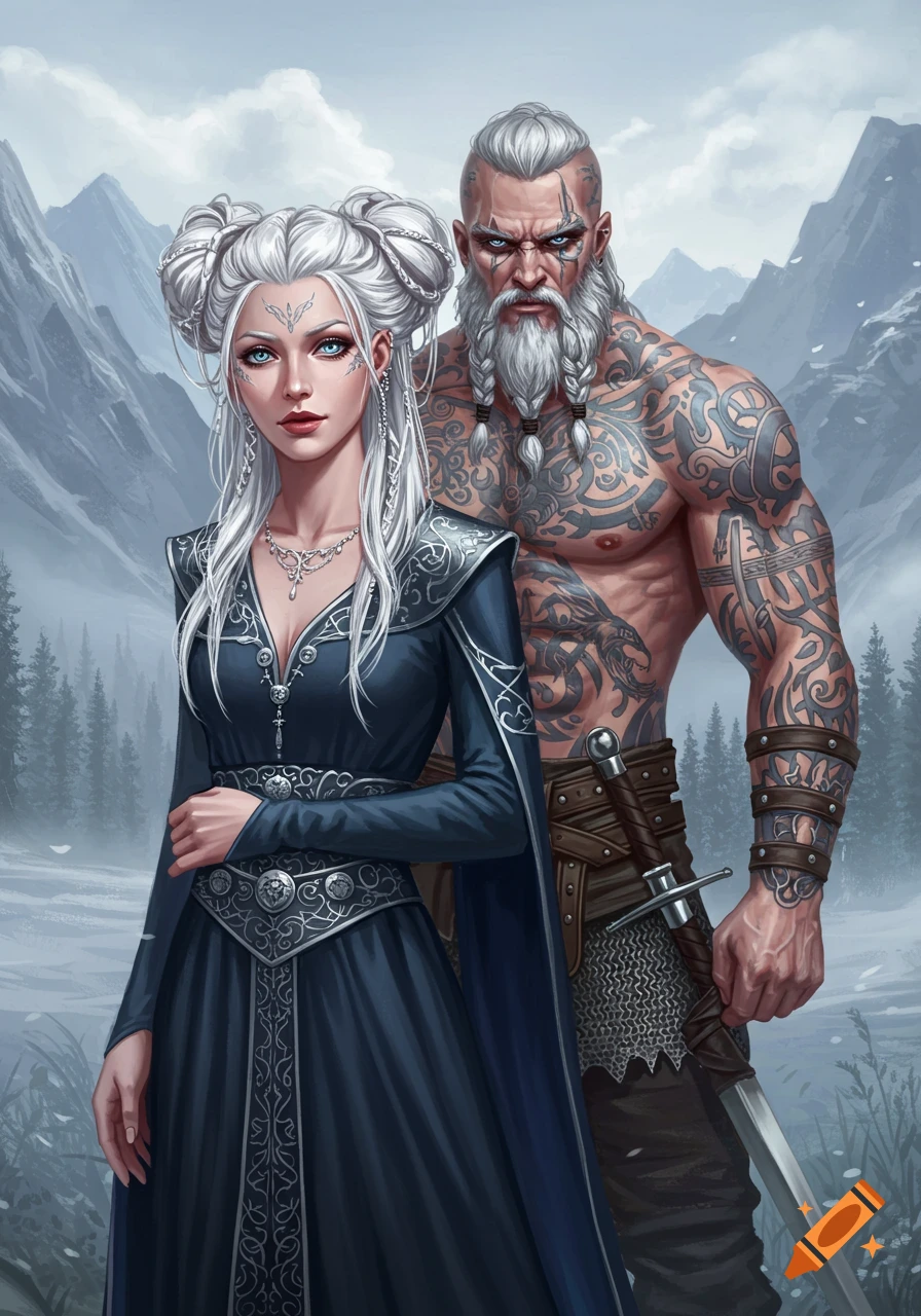 Fantasy portrait of silver-haired woman in blue dress and tattooed man in a mountain landscape.