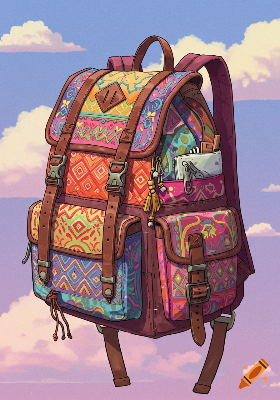 A colorful patterned backpack floats in a sky with clouds, illustration.