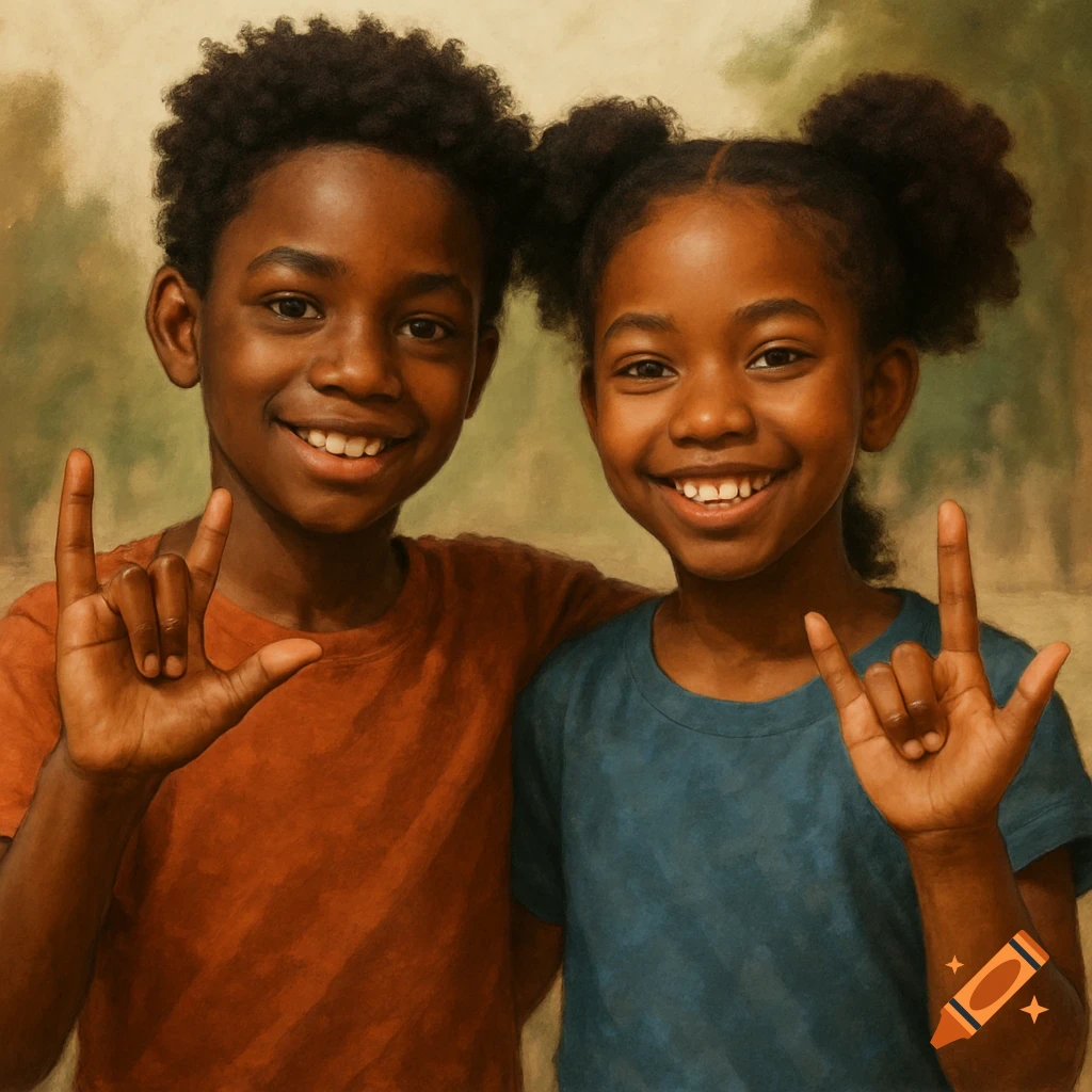 Two smiling children make the I love you sign in a painterly style.