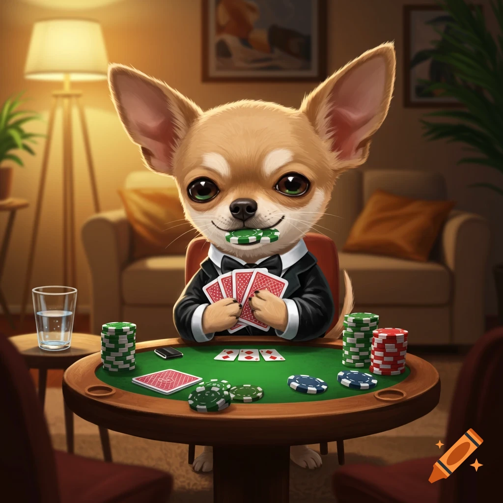 Chihuahua in a tuxedo playing poker at a table with chips and cards.