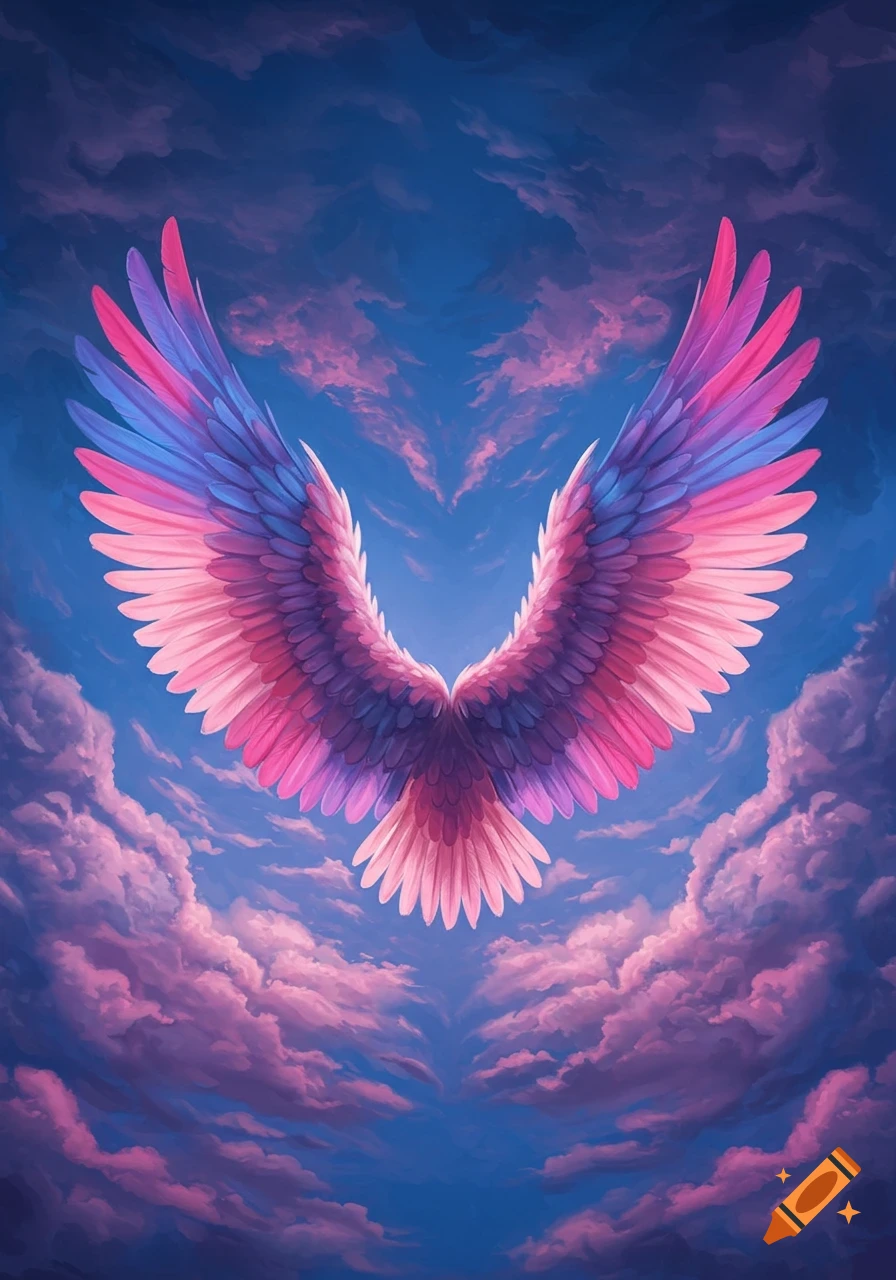 Colorful wings forming a heart against a cloudy blue and purple sky, digital art style.