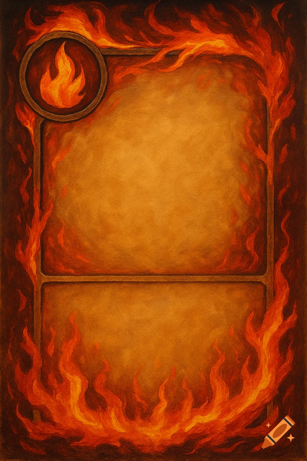 A fire-themed trading card template with a flame symbol in the corner.