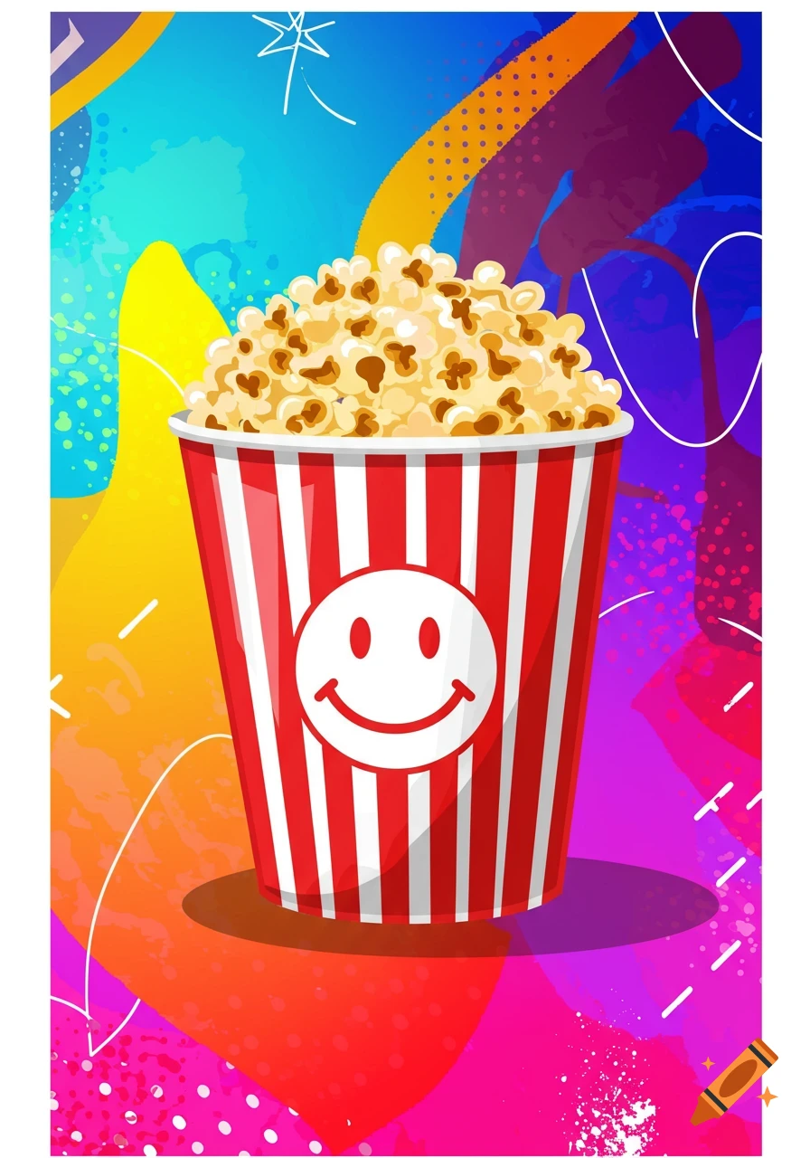 A bucket of popcorn with a smiley face icon on a colorful abstract background.