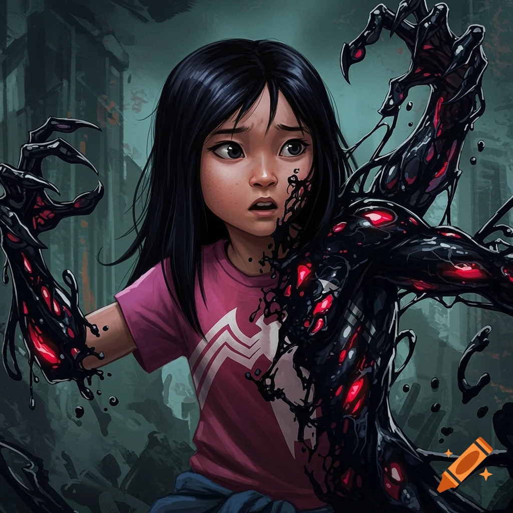 A young girl being overtaken by a black symbiote with red glowing parts. Comic book style illustration.