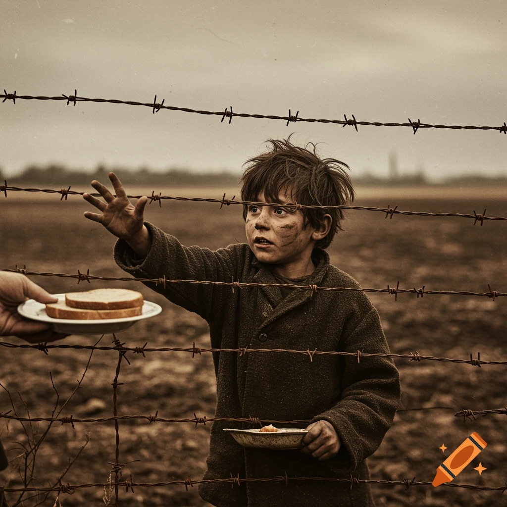 A distressed child behind barbed wire reaches for a plate of food in a sepia-toned historical style photo.