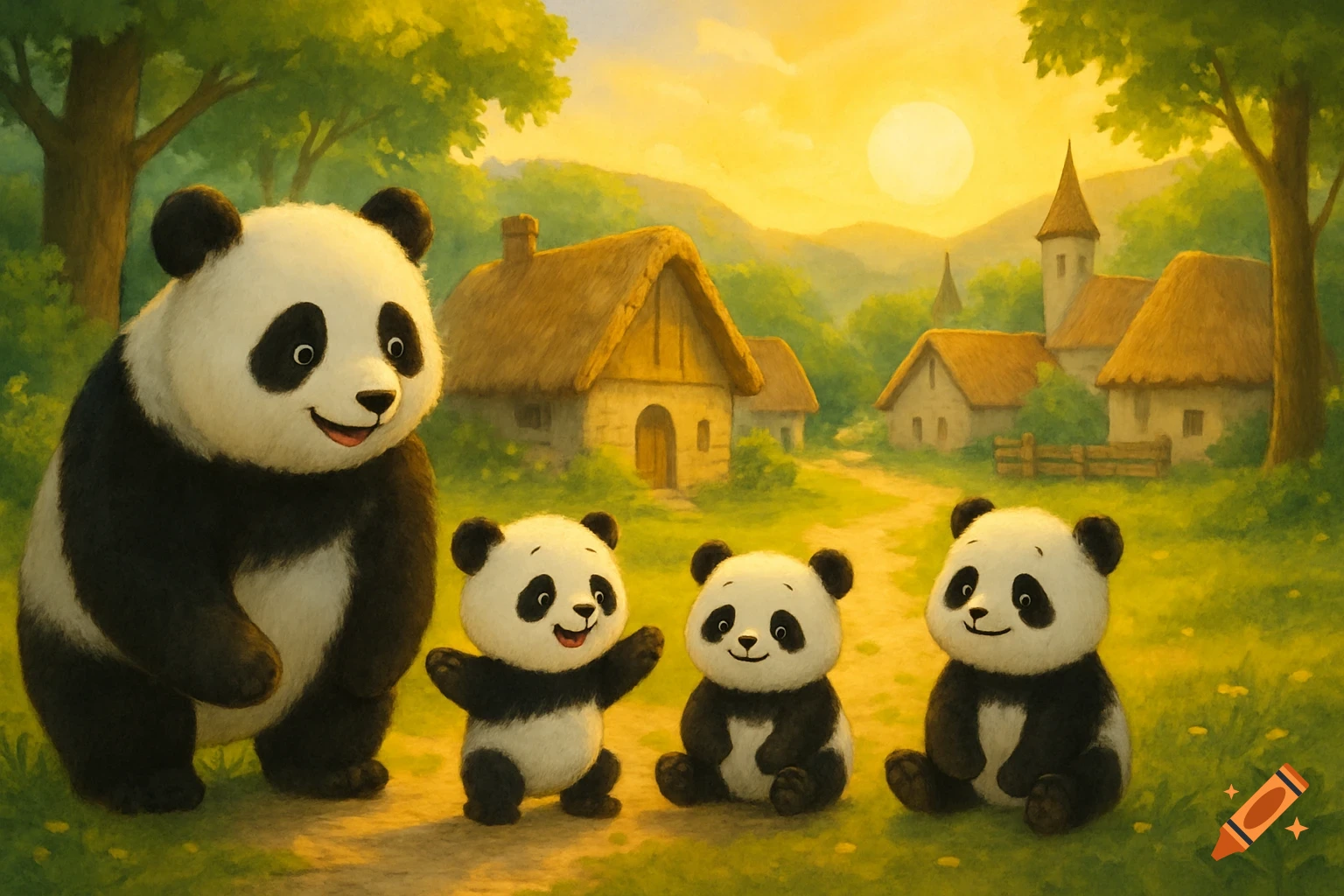 Painting of a large panda and three small pandas in a village at sunrise.