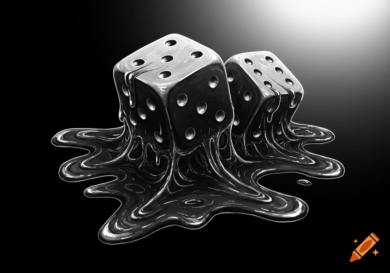 Two melting dice in black and white.