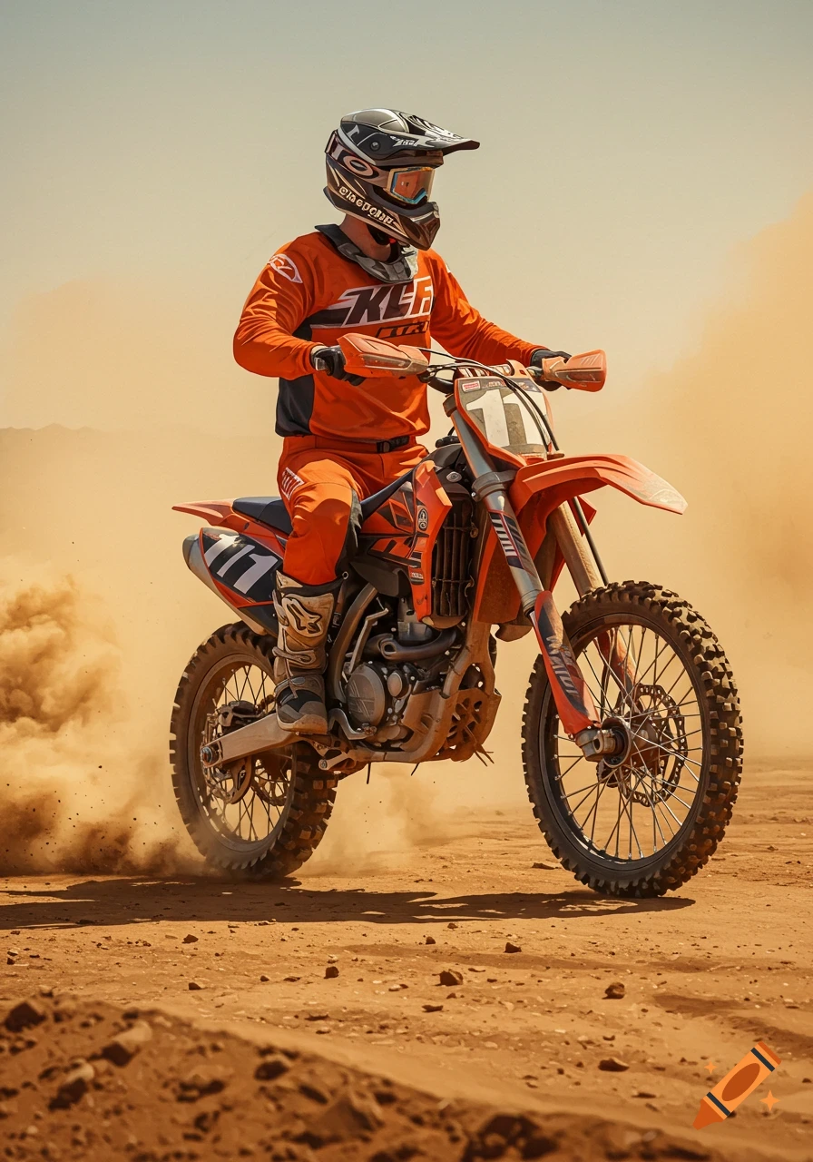 A motocross rider on an orange dirt bike kicking up dust on a track, photorealistic style.