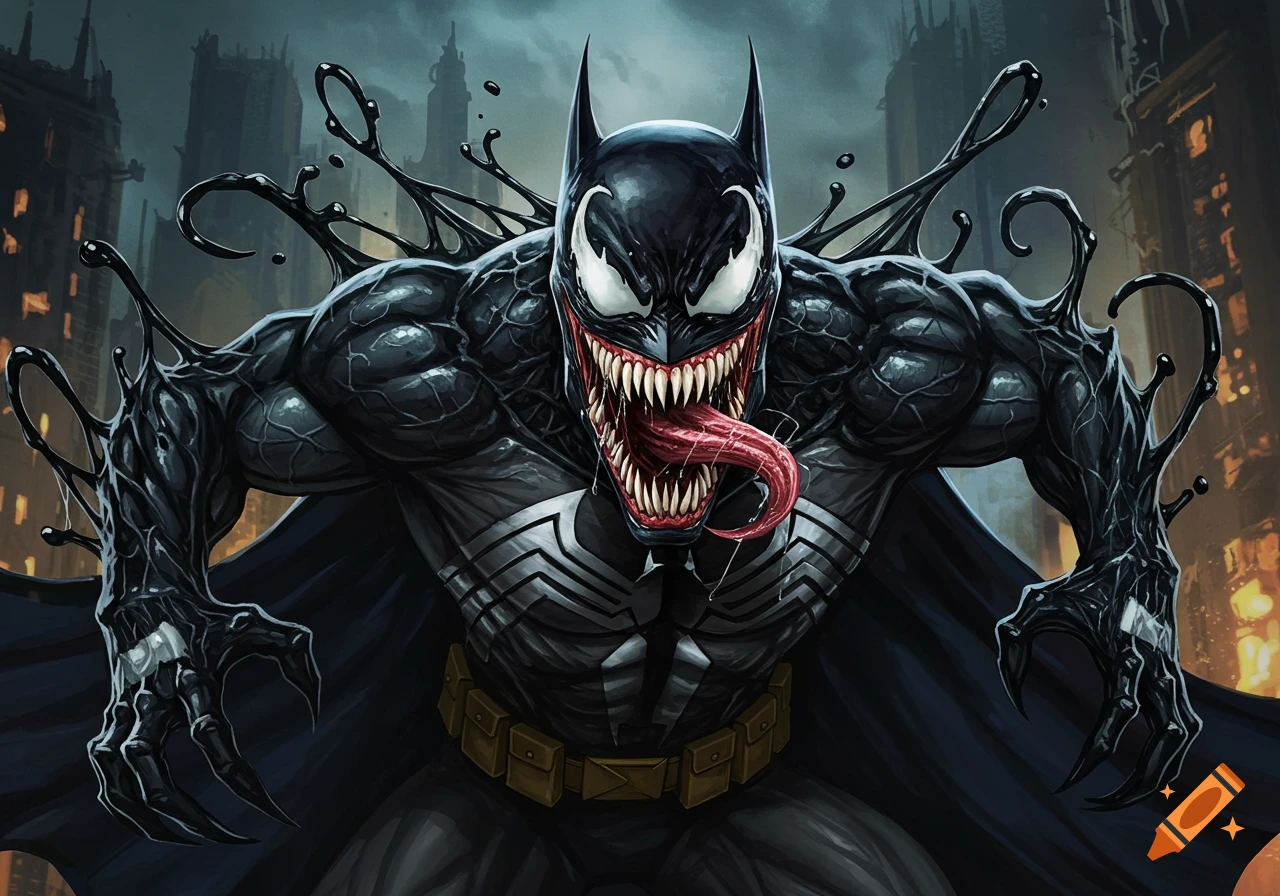 Illustration of Batman mixed with Venom in a city.