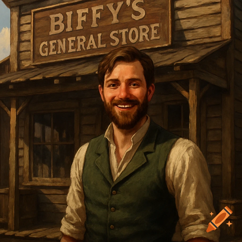 Smiling man in waistcoat in front of a general store in a western art style.
