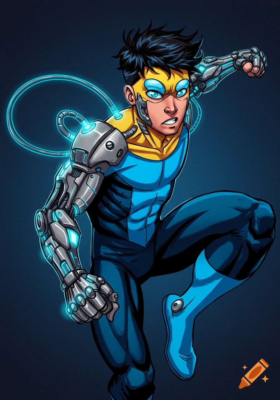 Comic art illustration of a young superhero in a blue and yellow suit with cybernetic arms and face implants.