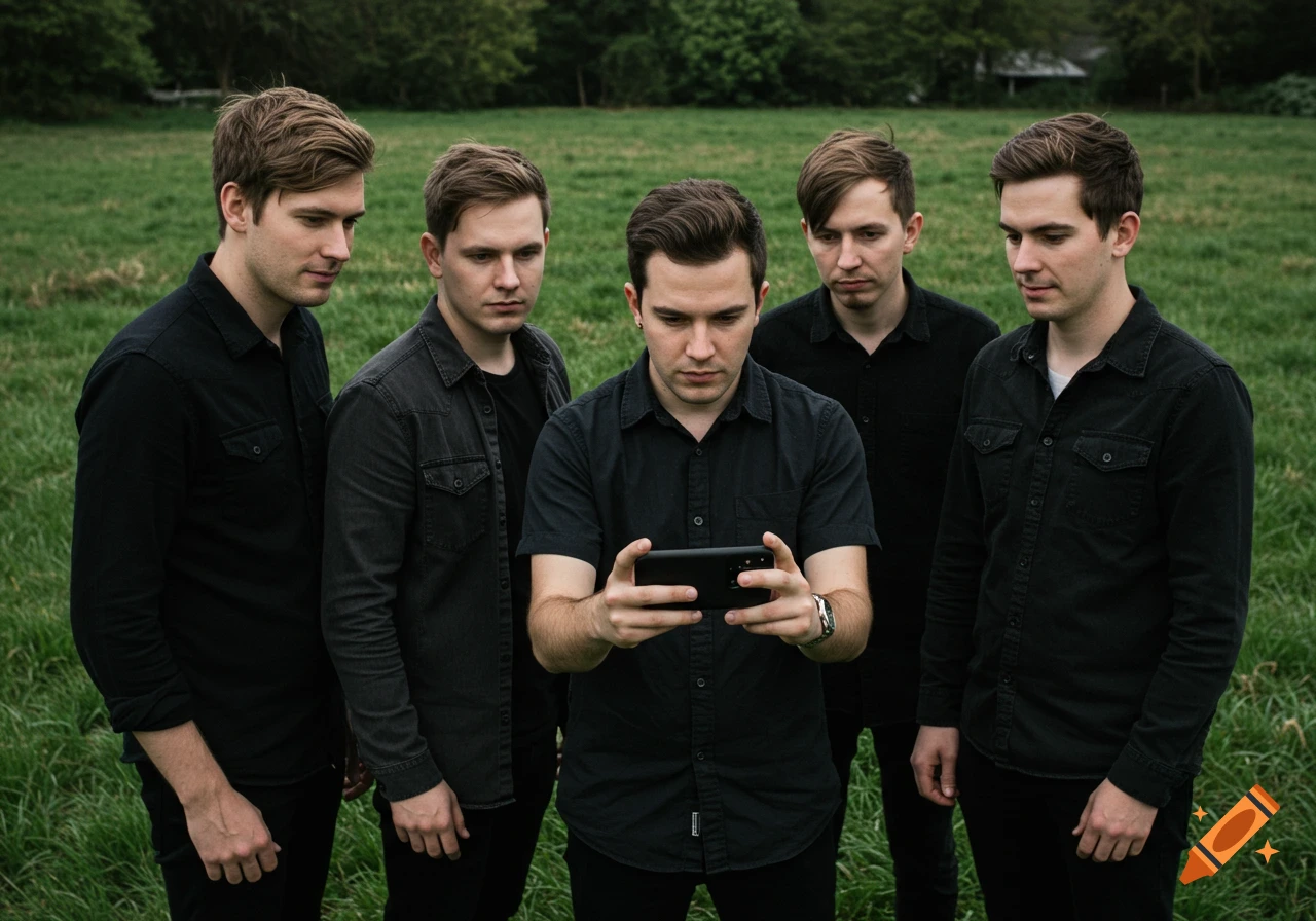 Five men in a field look at a phone held by one person.