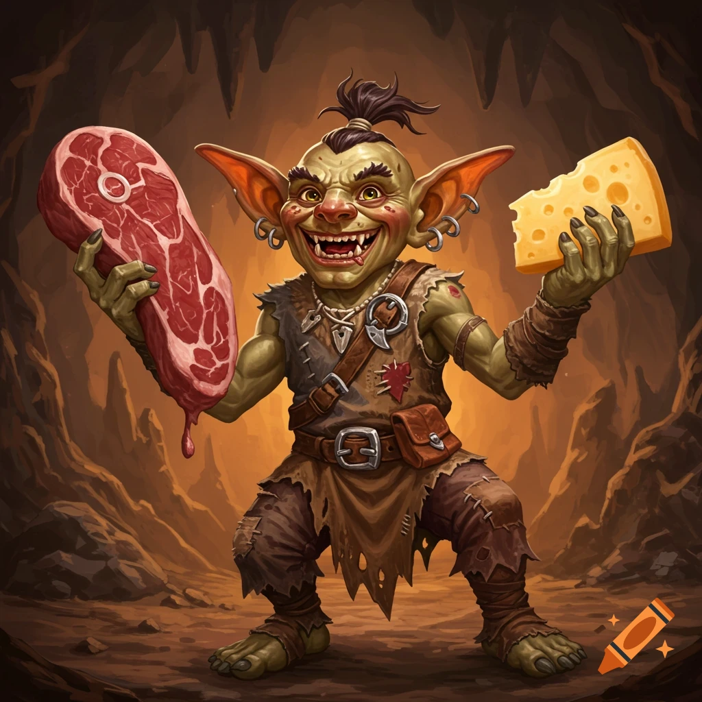 An illustrated goblin stands in a cave holding a piece of meat and a wedge of cheese.
