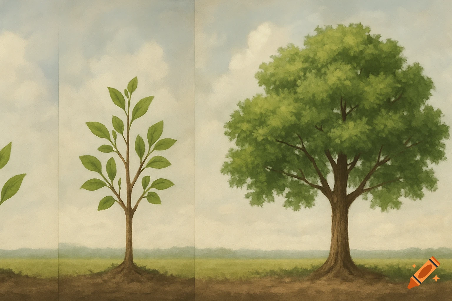 Illustration of a tree growing from a sapling to a mature tree