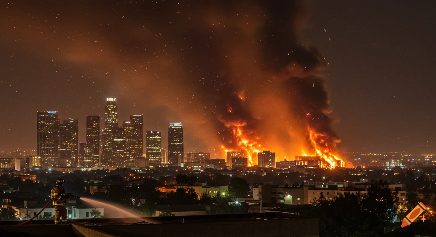 A firefighter aims a hose at large fires consuming buildings in a city skyline at night.