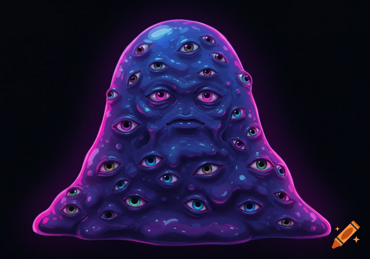 Purple blob monster covered in many colorful eyes against a dark background, digital painting.