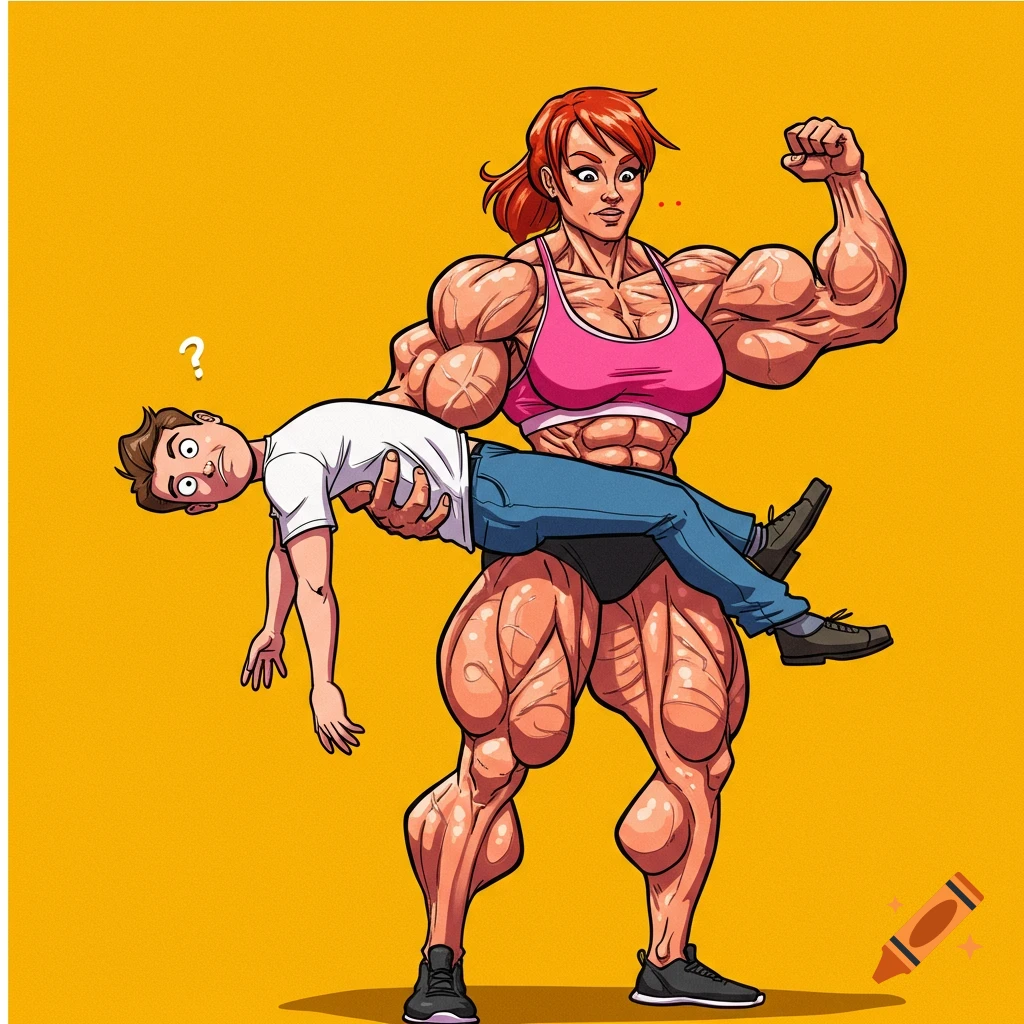 Cartoon of a muscular woman lifting a surprised man with a question mark.