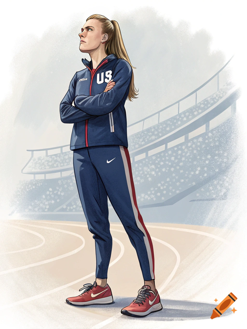 Illustration of a female athlete in a tracksuit standing on a track with arms crossed, looking up, stadium background.
