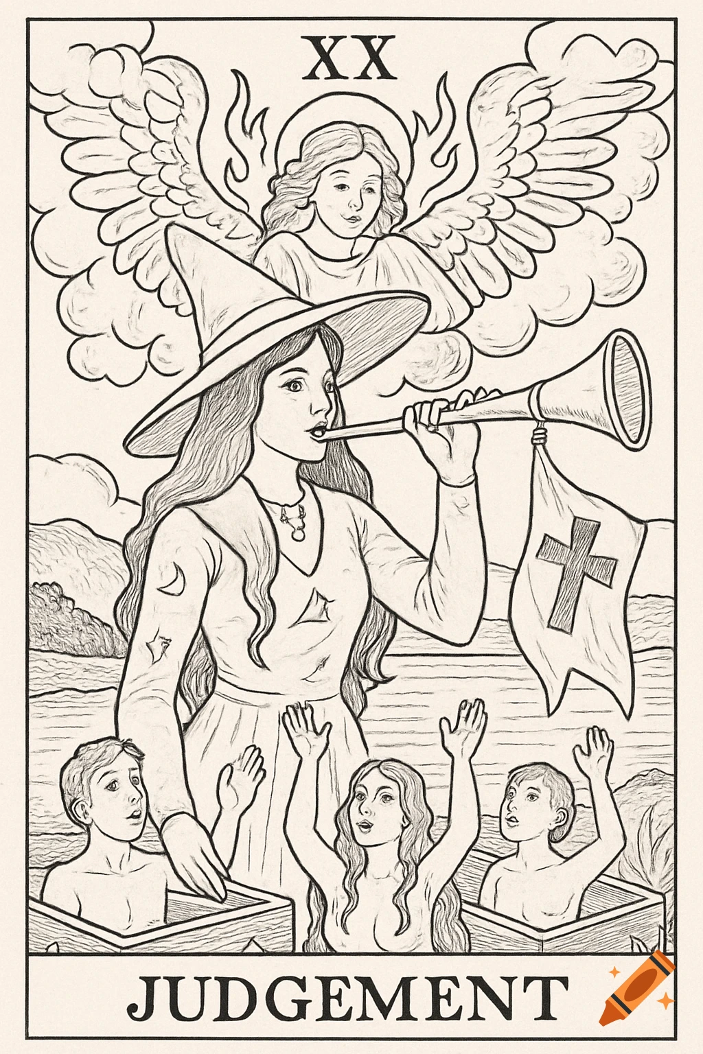 Line art illustration of the Judgement tarot card with angel, witch, and figures rising from boxes, text XX and JUDGEMENT.