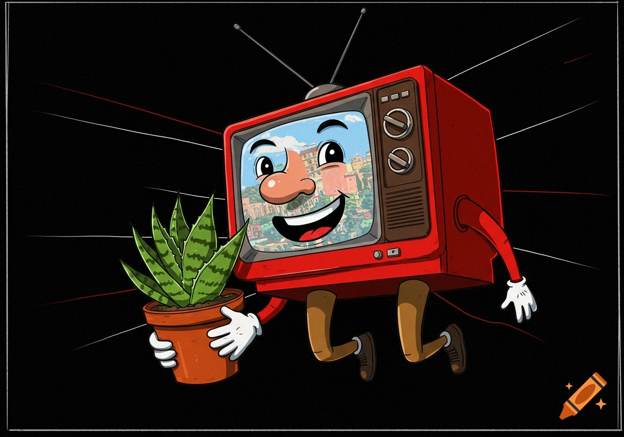 Cartoon red television with a face, arms, and legs, smiling and holding a potted plant against a black background.