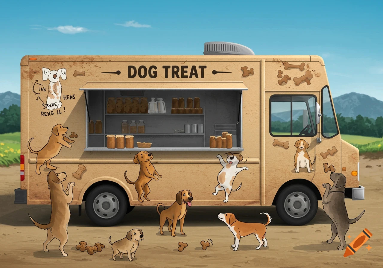 Cartoon illustration of a tan food truck labeled "DOG TREAT" surrounded by various cartoon dogs begging for treats on a dirt road.
