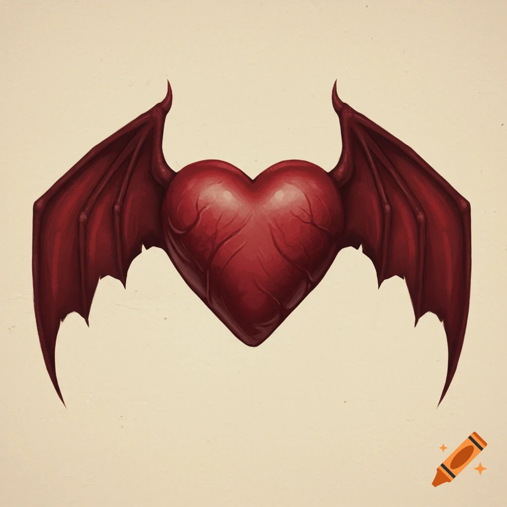 Illustration of a red heart with bat wings on a beige background